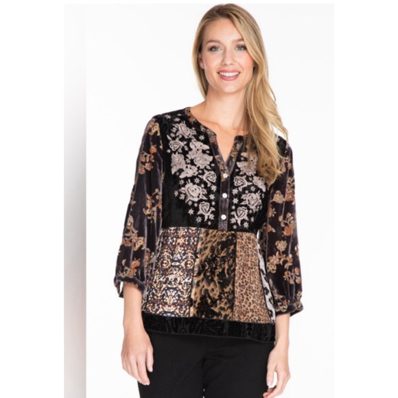 John Mark Boho Velvet Top Womens M Crushed Burnout Shirt Embroidered Dark Grunge - Picture 6 of 16